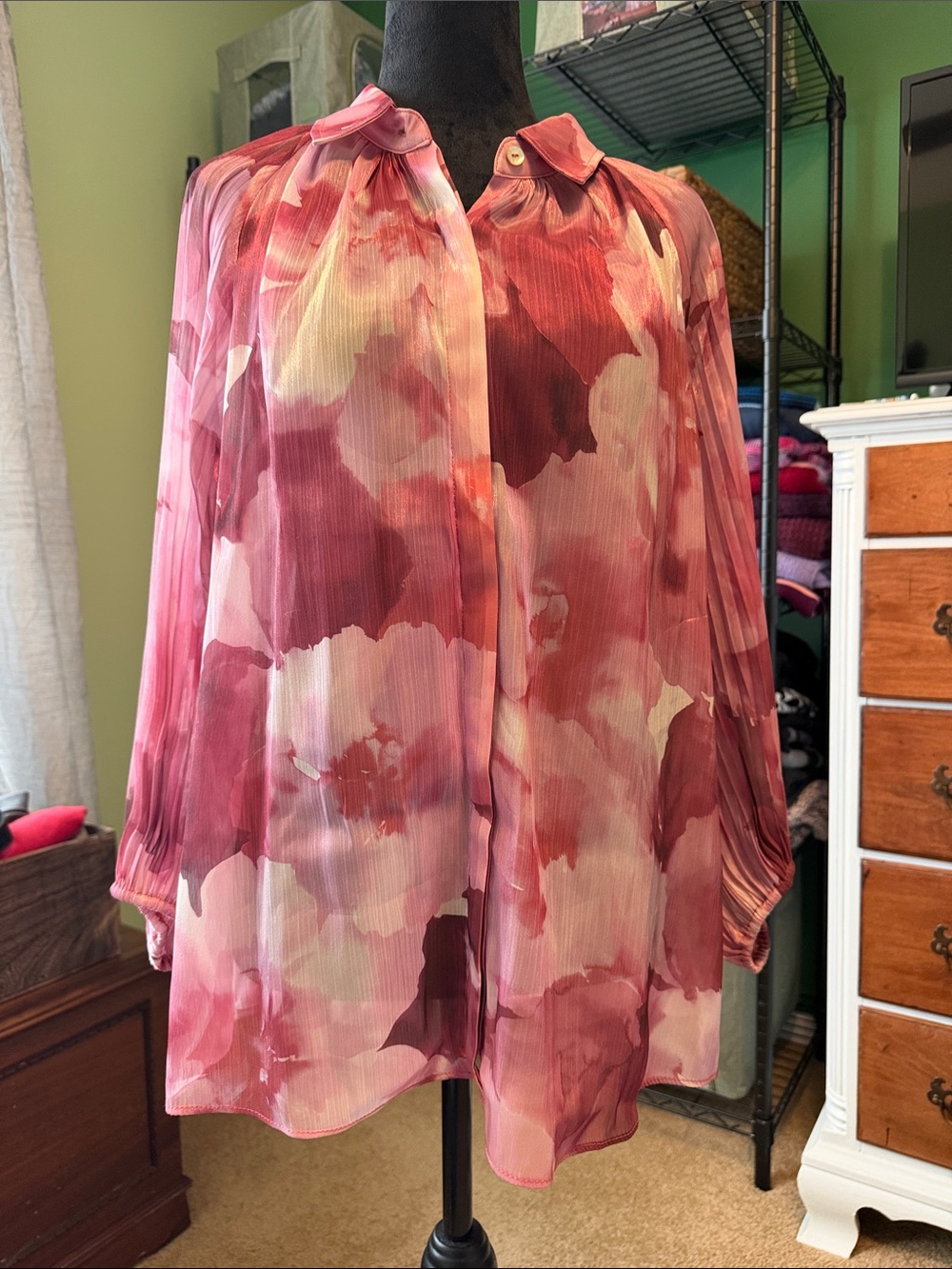Susan Graver Rose-Pink Watercolor Pleated Blouse